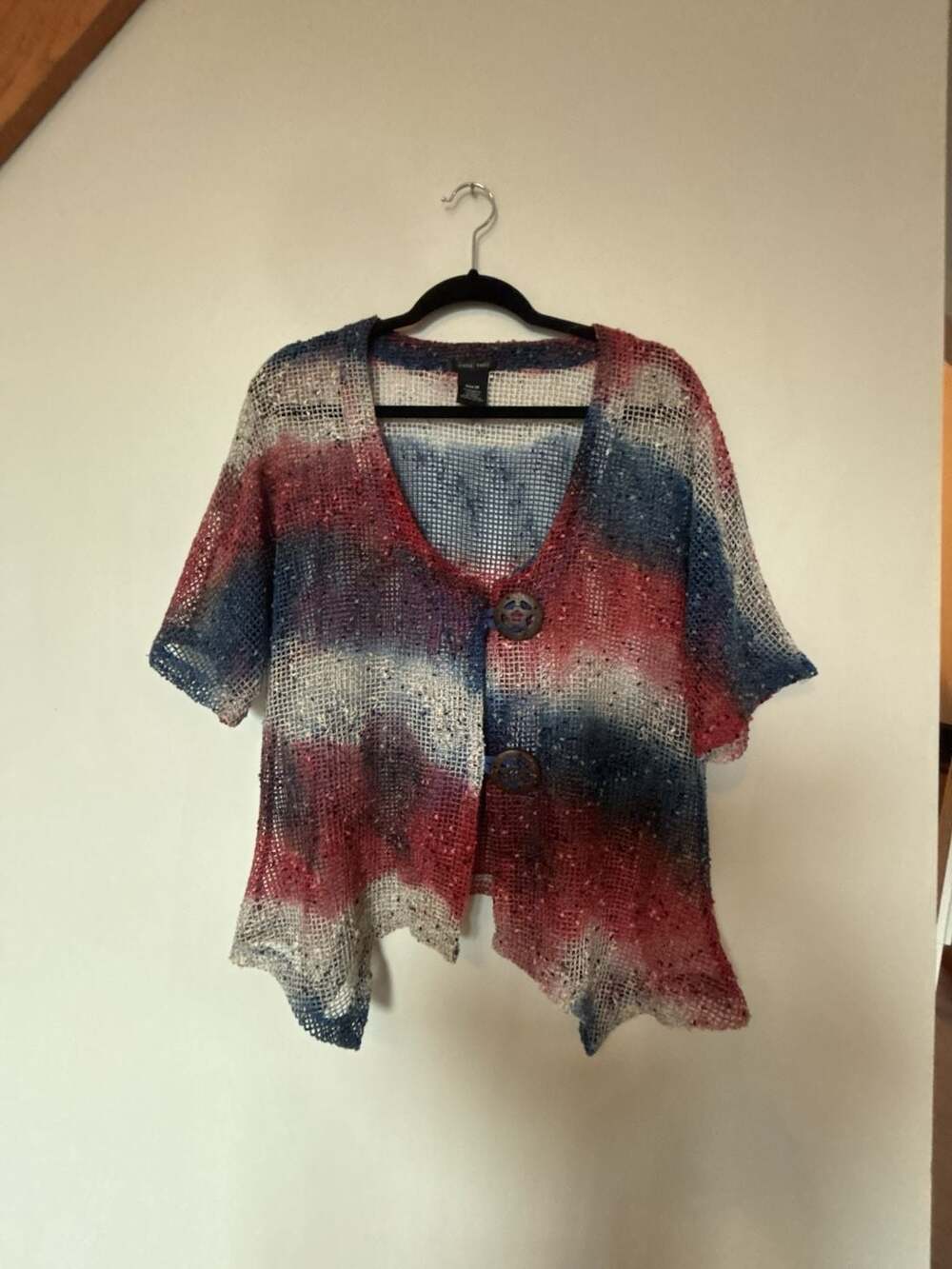 Katie Todd Red White and Blue Open Knit Shark Bite Hem Cardigan
